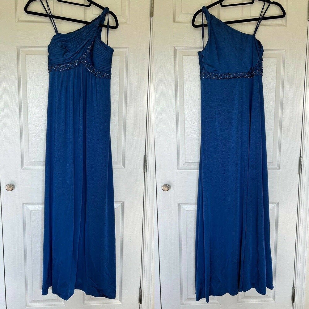 Adrianna Papell Dress Gown Blue One Shoulder Jersey Embellished Maxi size 8